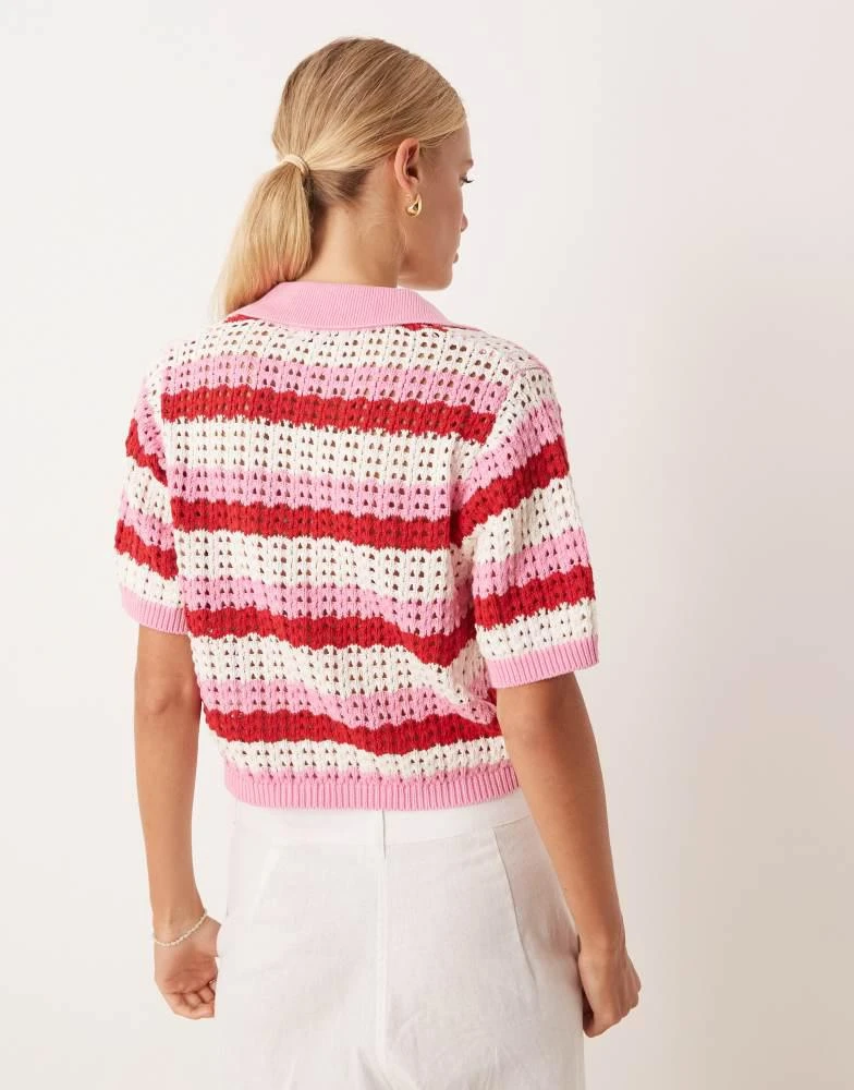 Brave Soul Brave Soul Stripe pointelle knit collared t-shirt in pink 4