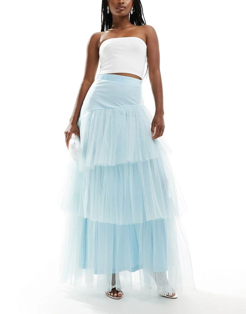 Lace & Beads Lace & Beads asymmetric tulle maxi skirt in sky blue 1
