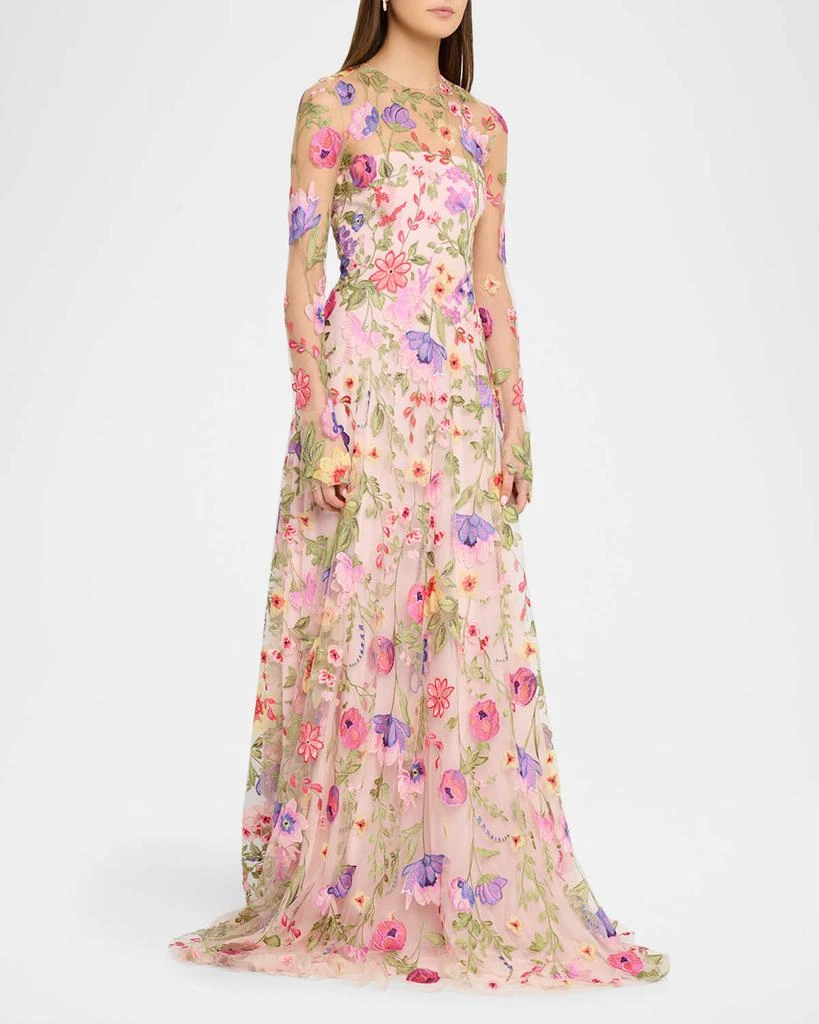 Naeem Khan Floral Embroidered Long-Sleeve Illusion Gown 4