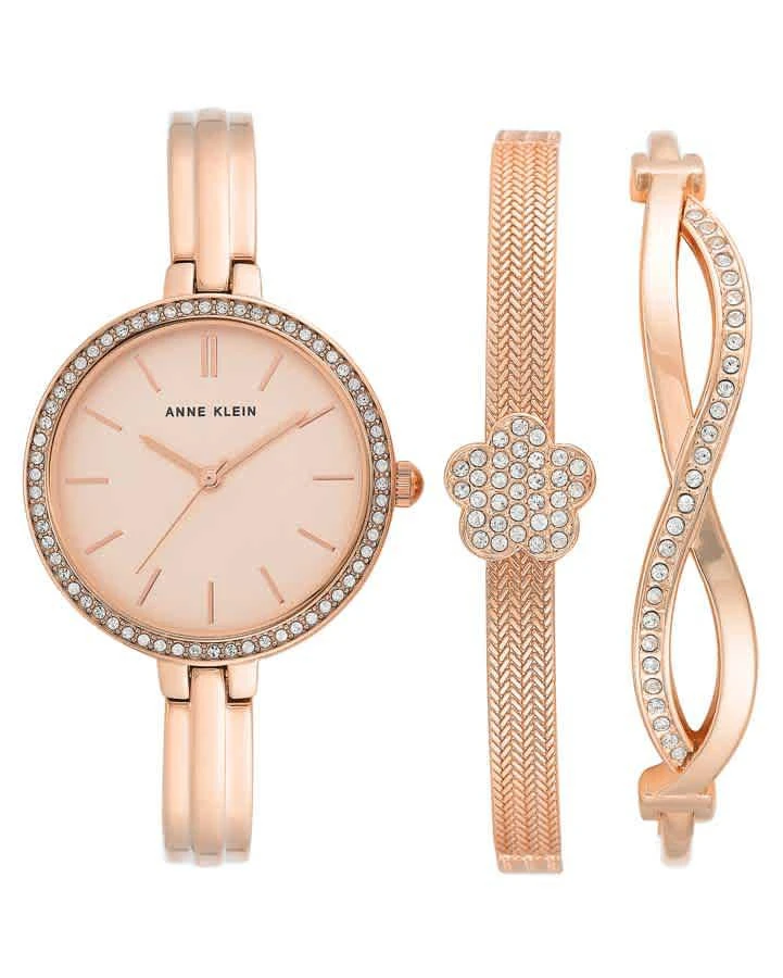 Anne Klein Quartz Rose Dial Ladies Watch and Bracelet Set AK/3398RGST