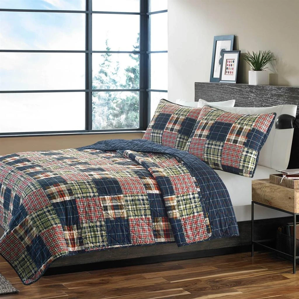 Hivvago Full / Queen Farmhouse Red Navy Plaid 100-Percent Cotton Reversible Quilt Set