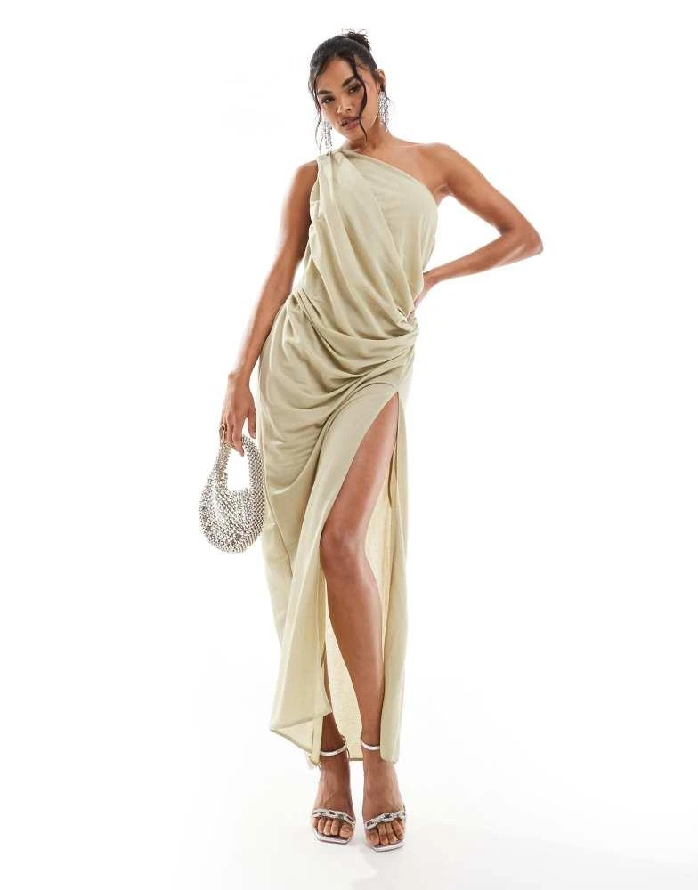 ASOS DESIGN ASOS DESIGN stretch linen one shoulder drape maxi dress in pale sage 1