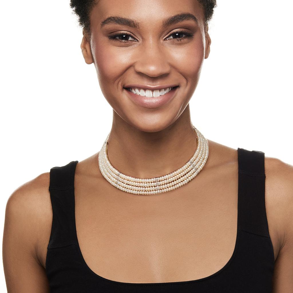 Ross-Simons Ross-Simons Multi-Row 4.5-5mm Cultured Pearl and . Diamond Choker Necklace With Sterling Silver