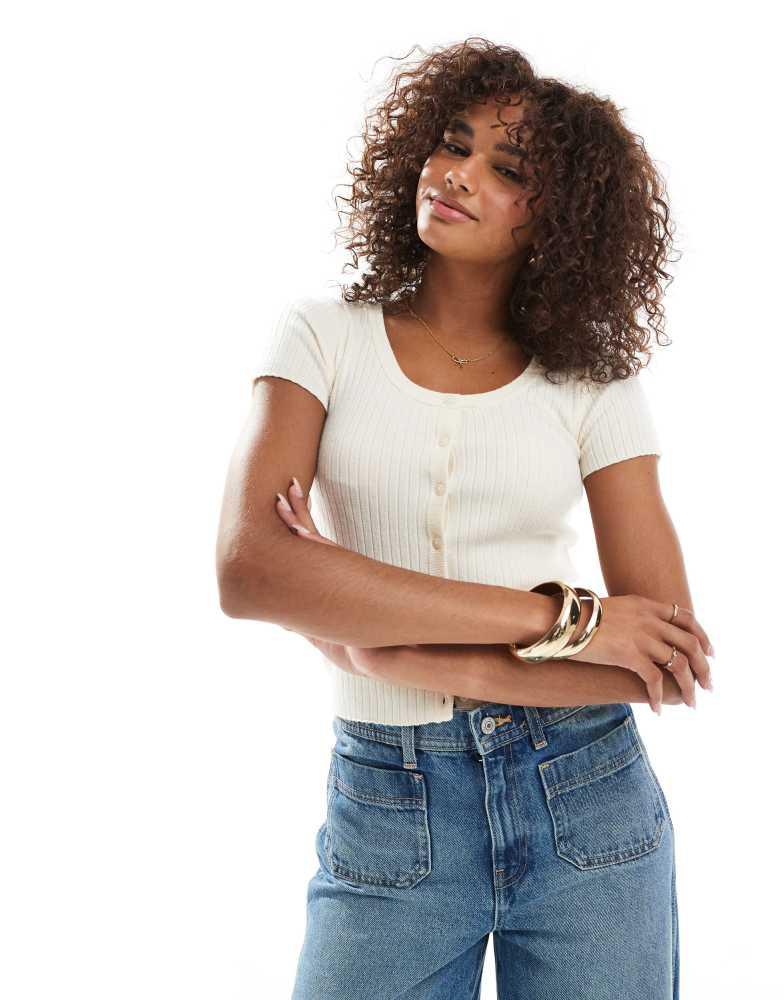 VERO MODA Vero Moda super soft rib knitted short sleeve button front top in birch cream