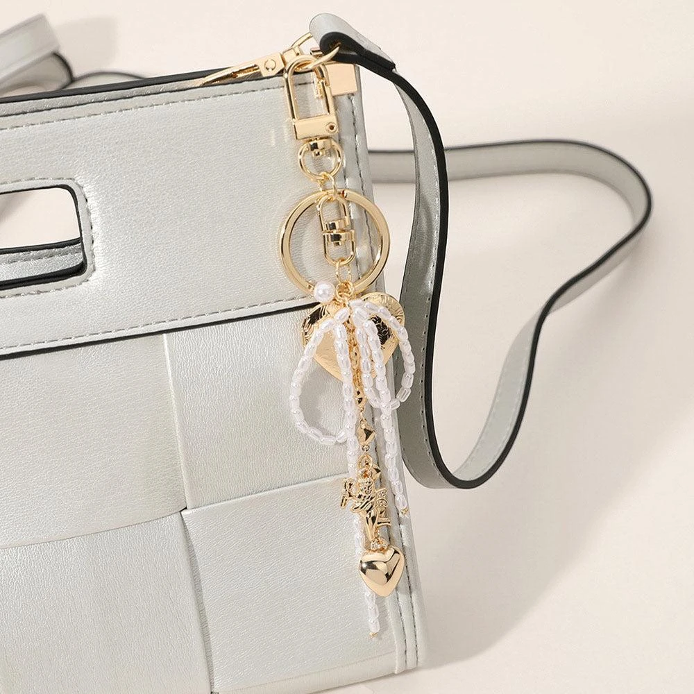 FASHNZFAB Pearl Beaded Bow Metal Heart Cupid Embellished Bag Charm / Keychain