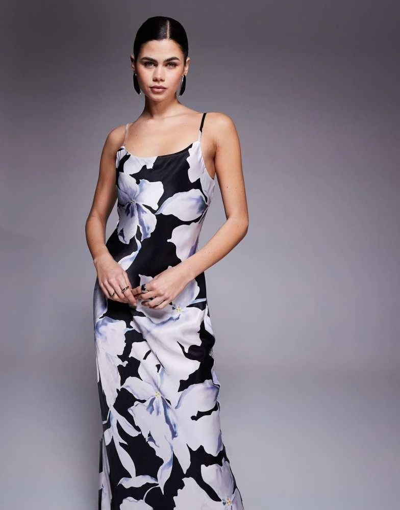 Forever New Forever New satin scoop neck cami slip maxi dress in blue floral 2