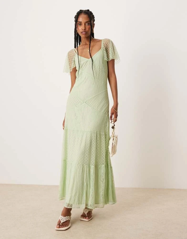 asos lace dress sale ASOS Design flutter sleeve lace paneled maxi dress in mint-Green