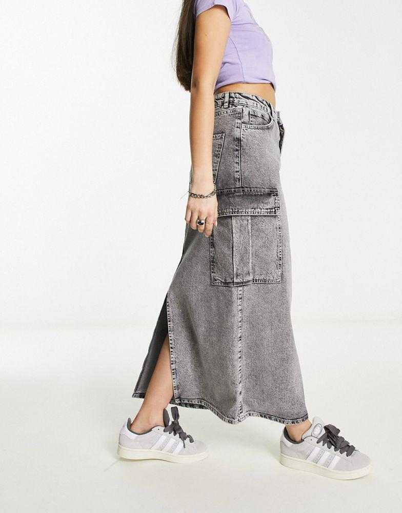 Stradivarius Stradivarius STR denim cargo maxi skirt in washed grey