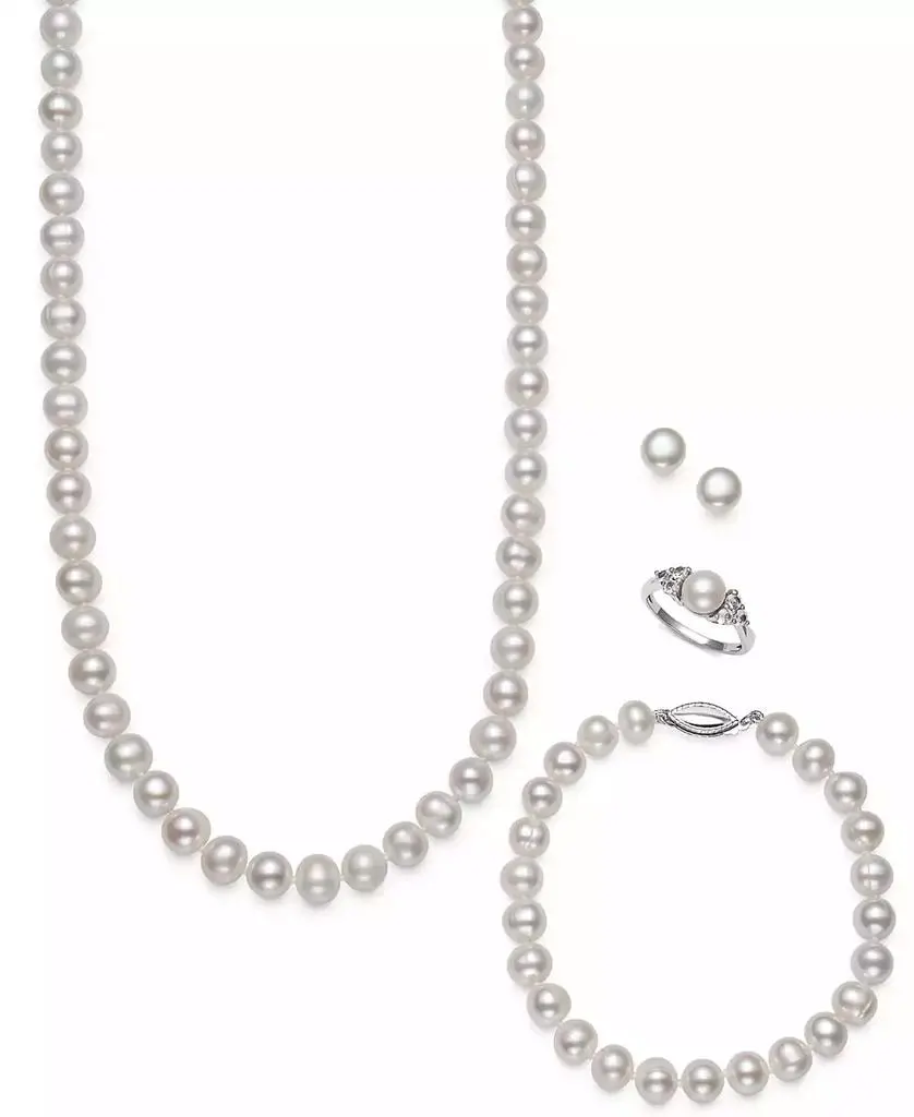 Belle de Mer 4-Pc. Set Cultured Freshwater Pearl (7-8mm) Necklace, Bracelet, Stud Earrings & Ring in Sterling Silver