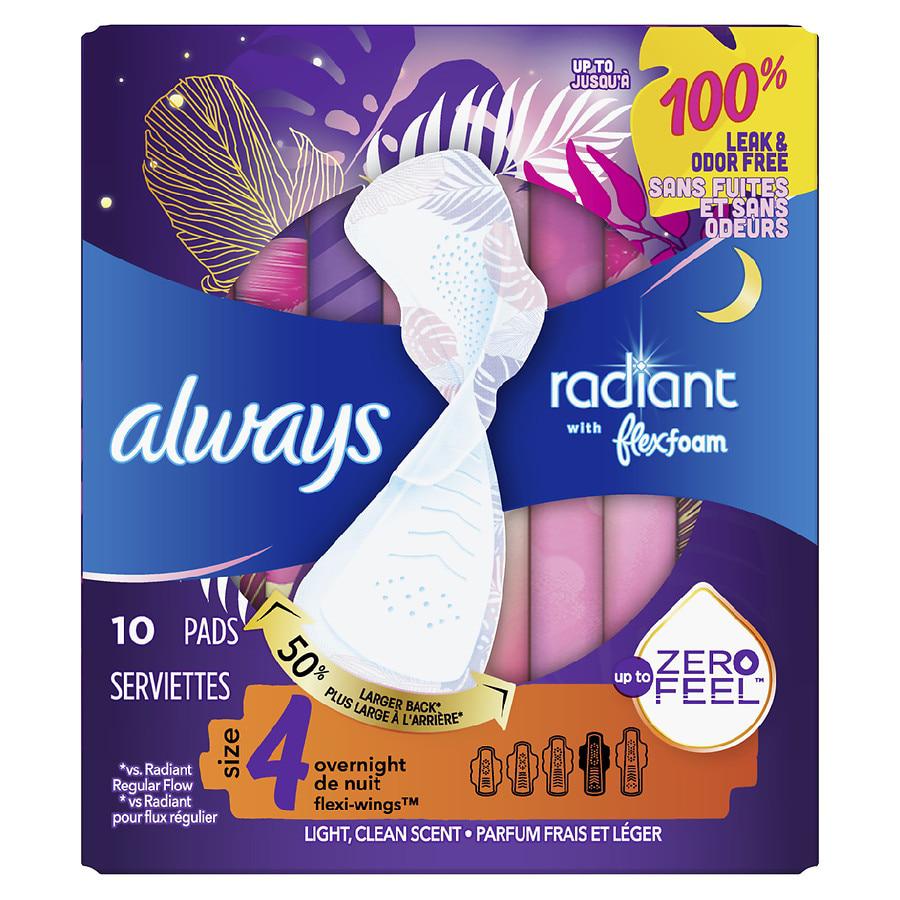 Always Radiant Overnight Feminine Pads For Women, With Wings Light Clean, Size 4 (10 ct)