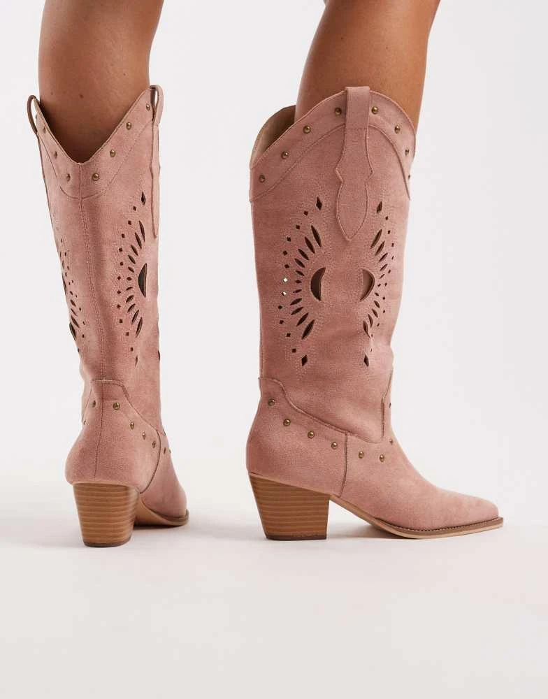 Glamorous Glamorous western knee boots in baby pink micro 4