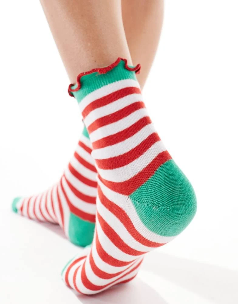 ASOS ASOS DESIGN Christmas ankle length elf stripe sock with metallic frill edge 2
