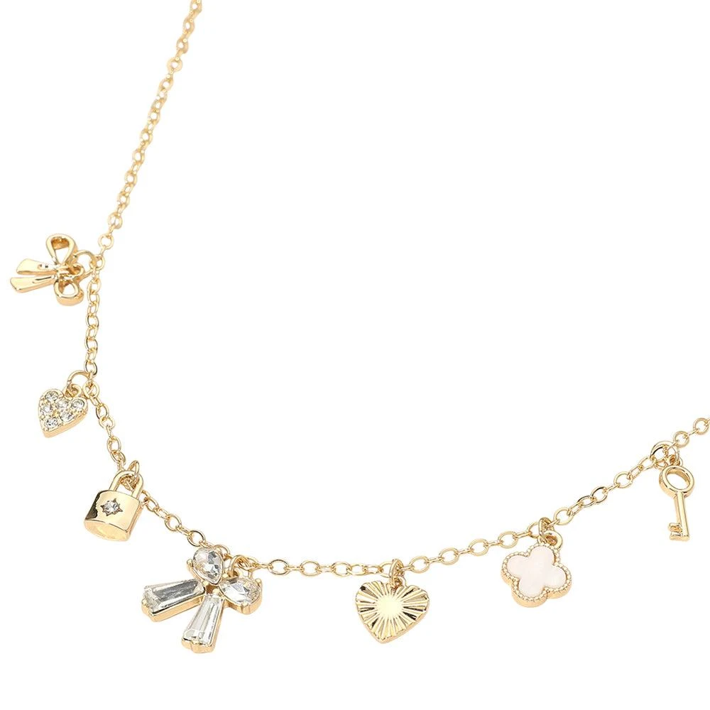 FASHNZFAB Gold Dipped Bow Quatrefoil Lock Heart Charm Station Necklace 2