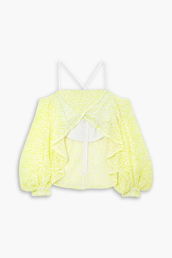 Halpern Off-the-shoulder asymmetric sequined mesh top