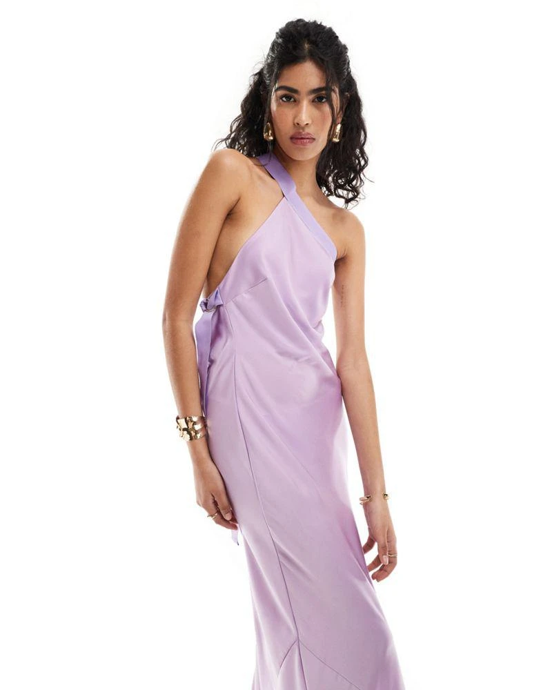asos bridesmaid dresses purple ASOS DESIGN Bridesmaid satin bardot drape wrap maxi dress in lilac
