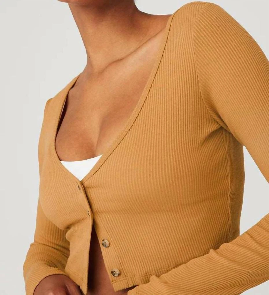Alo Whisper Ribbed Cropped Cardigan Sweater In Toffee Brown 4