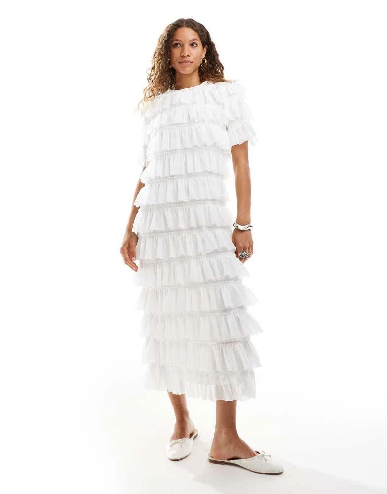 Ghospell Ghospell tiered ruffle midaxi dress in cream 2