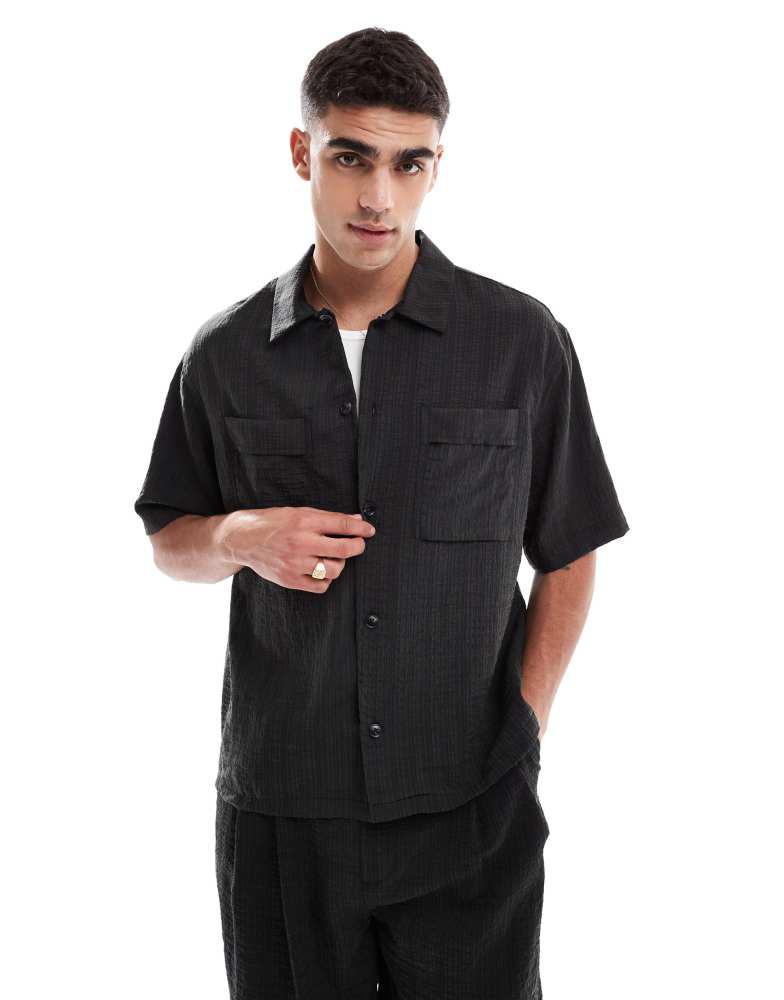 Pull&Bear Pull&Bear seersucker short sleeve shirt co-ord in black