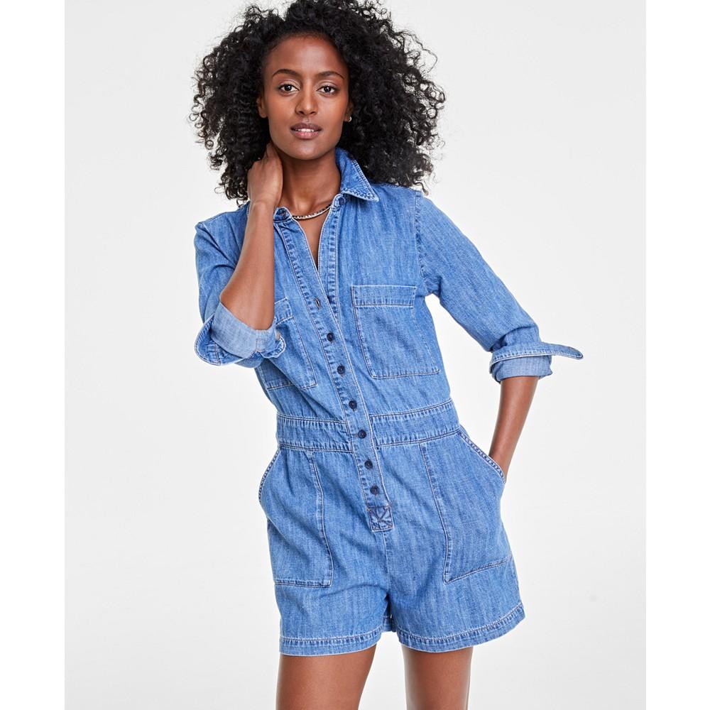 On 34th Women's Denim Long-Sleeve Utility Romper, Created for Macy's