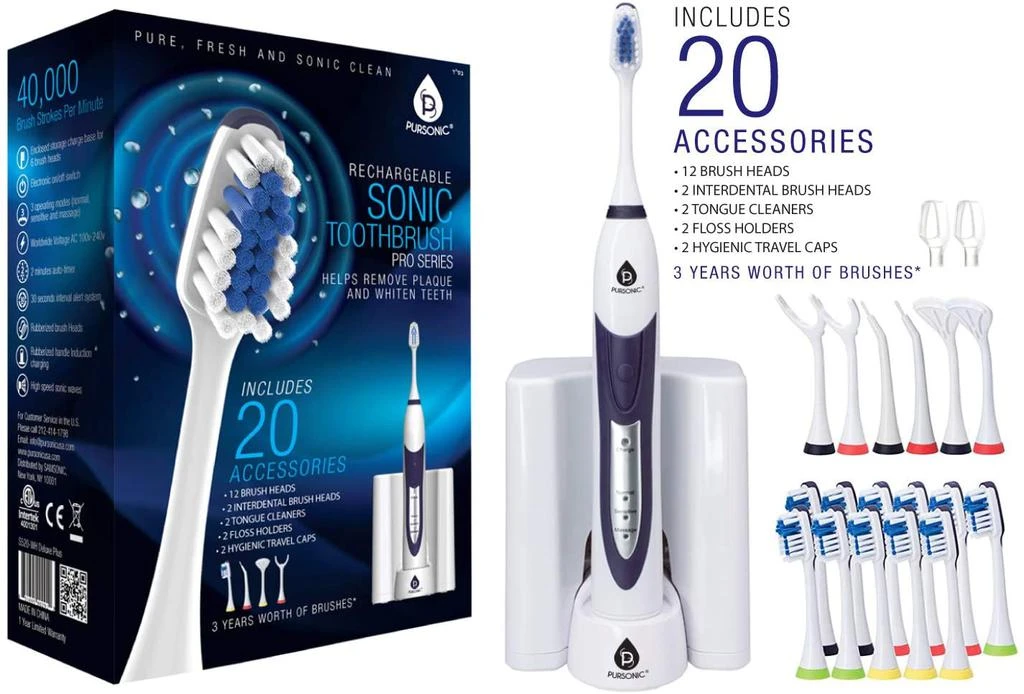 PURSONIC Ultra High Powered Sonic Electric Toothbrush with Dock Charger, 12 Brush Heads & More! (Value Pack)WHITE 1