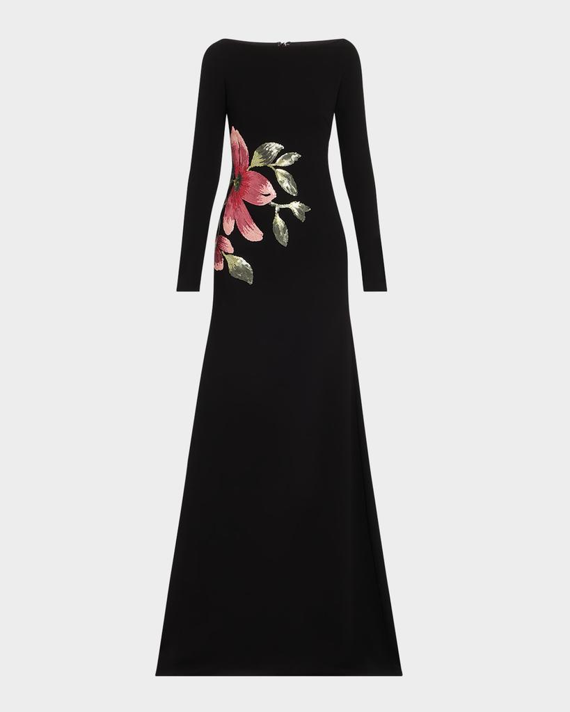 Naeem Khan Floral Beaded Crepe Long-Sleeve Trumpet Gown