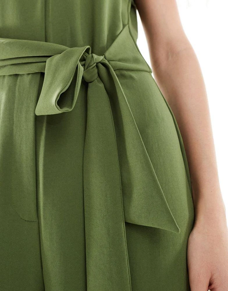 Mango Mango tie waist jersey jumpsuit in khaki 3