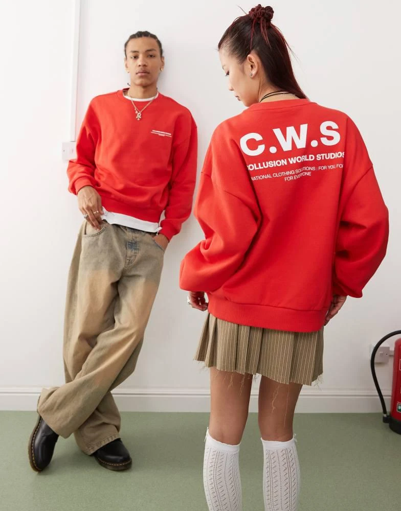 COLLUSION COLLUSION Unisex  graphic boxy sweat in red 1