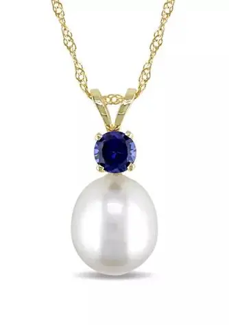 Belk & Co. 8 to 8.5 Millimeter Cultured Freshwater Pearl and 1/3 ct. t.w. Sapphire Pendant with Chain in 14k Yellow Gold