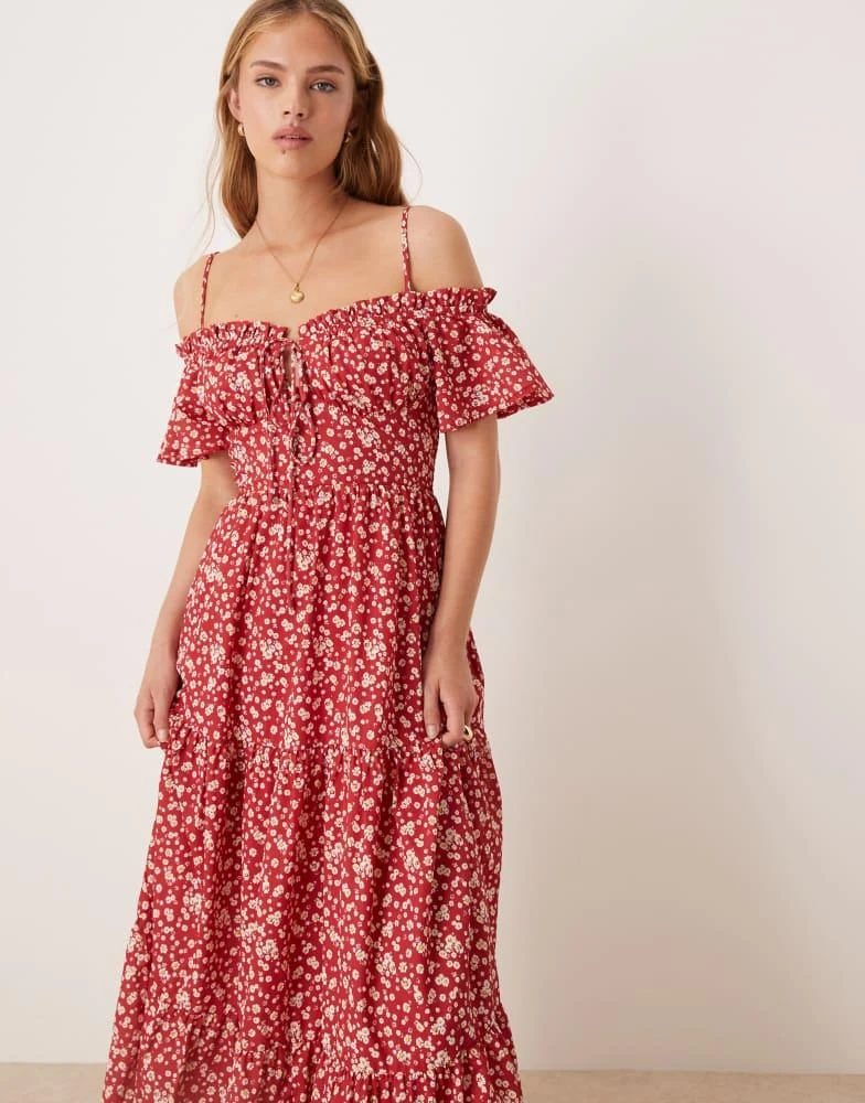 Kiss The Sky Kiss The Sky off-shoulder ditsy floral tiered midi dress in red 2