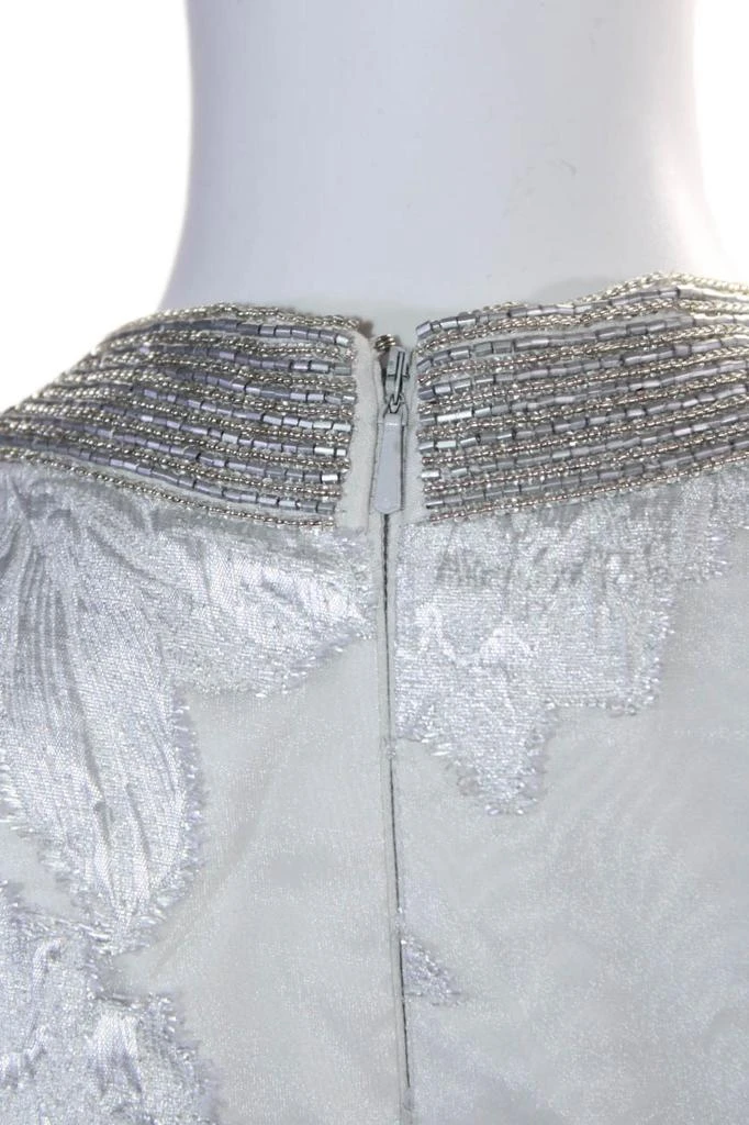 Carmen Marc Valvo Womens Beaded Crew Neck Metallic Floral Gown Silver 4