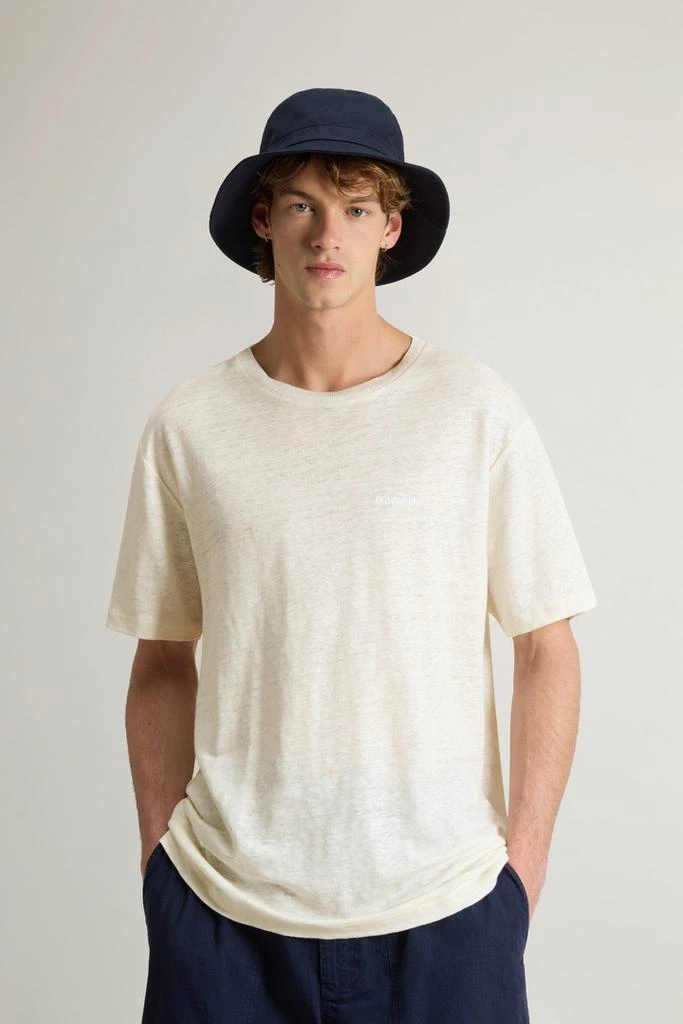 Woolrich Pure Linen T-Shirt with Embroidered Logo - Men - Blue 1