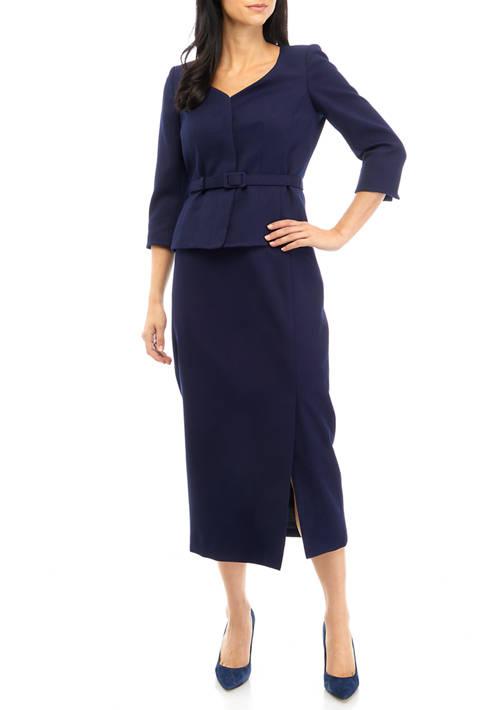 Le Suit Suit Womens Belted V Neck Jacket With Hidden Placket And Column Skirt Set