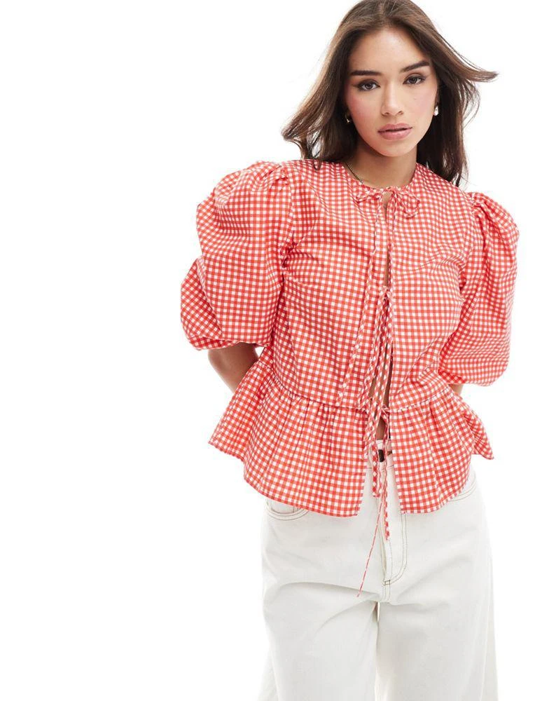 ASOS ASOS DESIGN cotton poplin tie front peplum blouse in red gingham 1