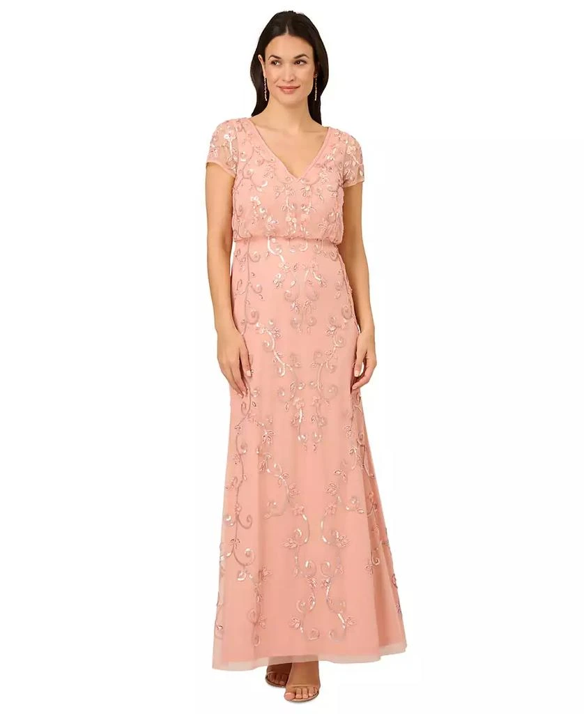 Adrianna Papell Women's V-Neck Beaded Short-Sleeve Gown 1