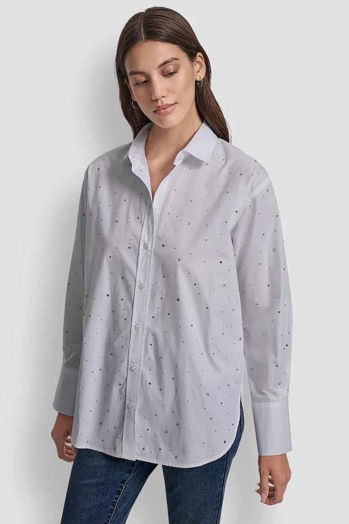 DKNY LONG SLEEVE POPLIN BUTTON FRONT SHIRT WITH RHINESTONE