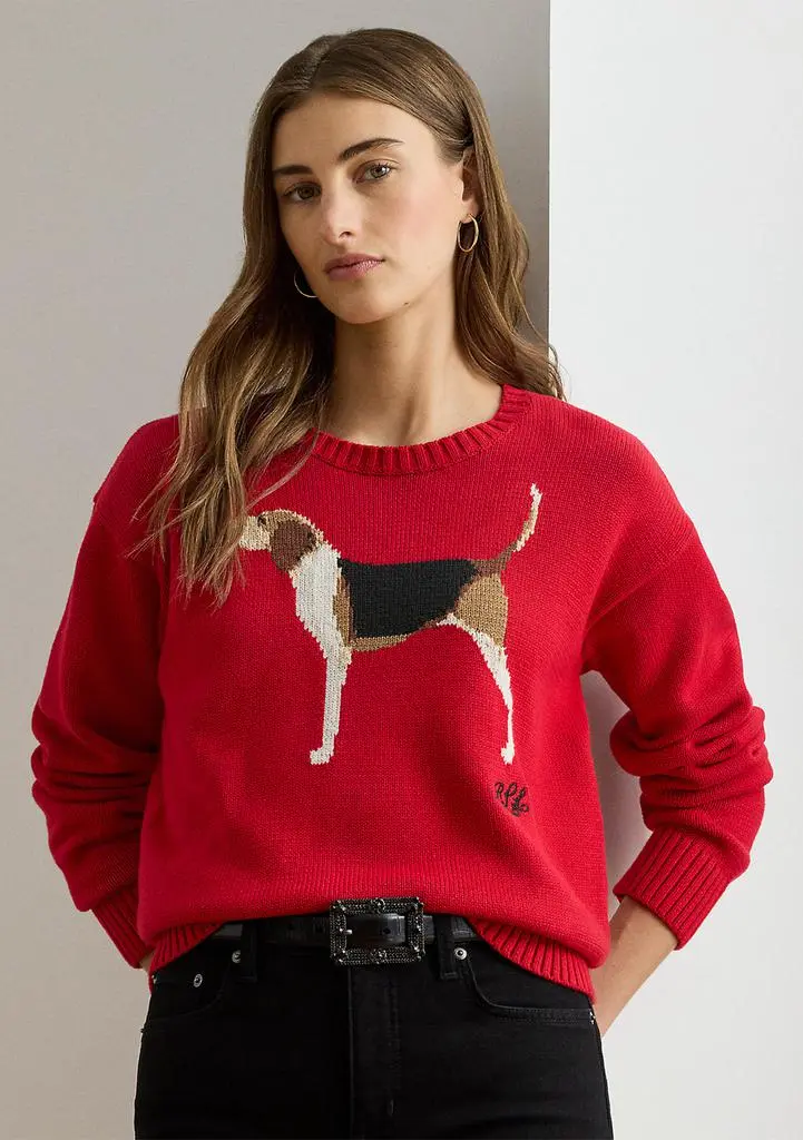 Ralph Lauren Petite Intarsia-Knit Foxhound Cotton Sweater