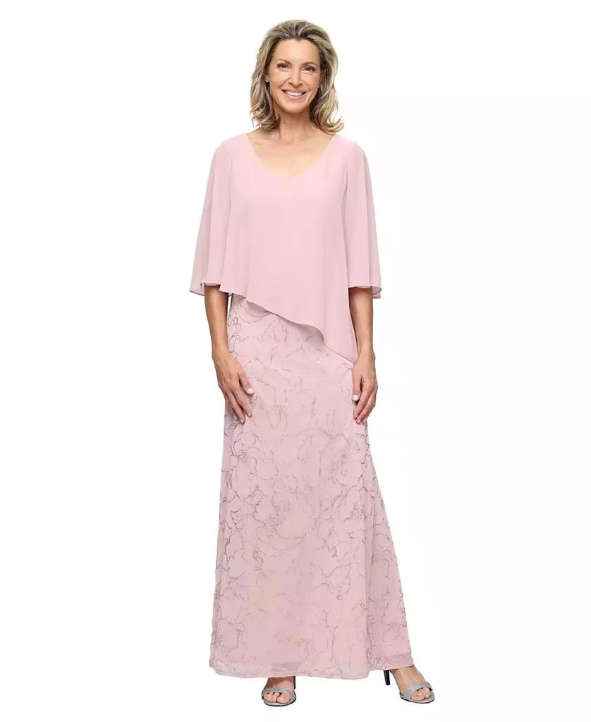 SL Fashions Petite Glitter Mesh V-Neck Ball Gown