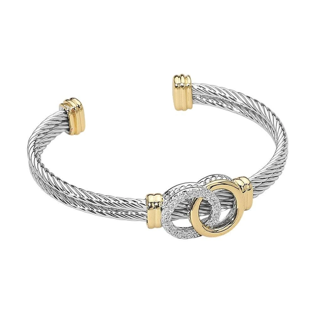 FASHNZFAB 14K Gold Plated Two Tone CZ Stone Paved Interlocking Accent Double Row Cable Cuff Bracelet 2