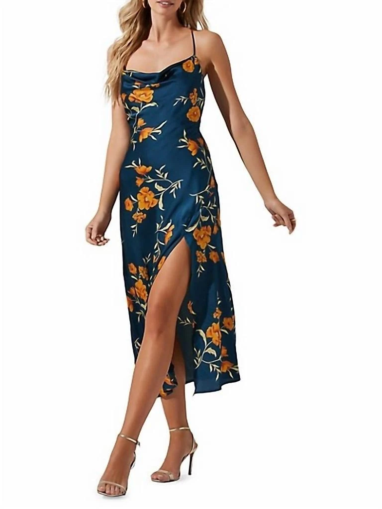 ASTR Gaia Floral Cross-Back Side-Slit Midi Dress In Dark Teal 3