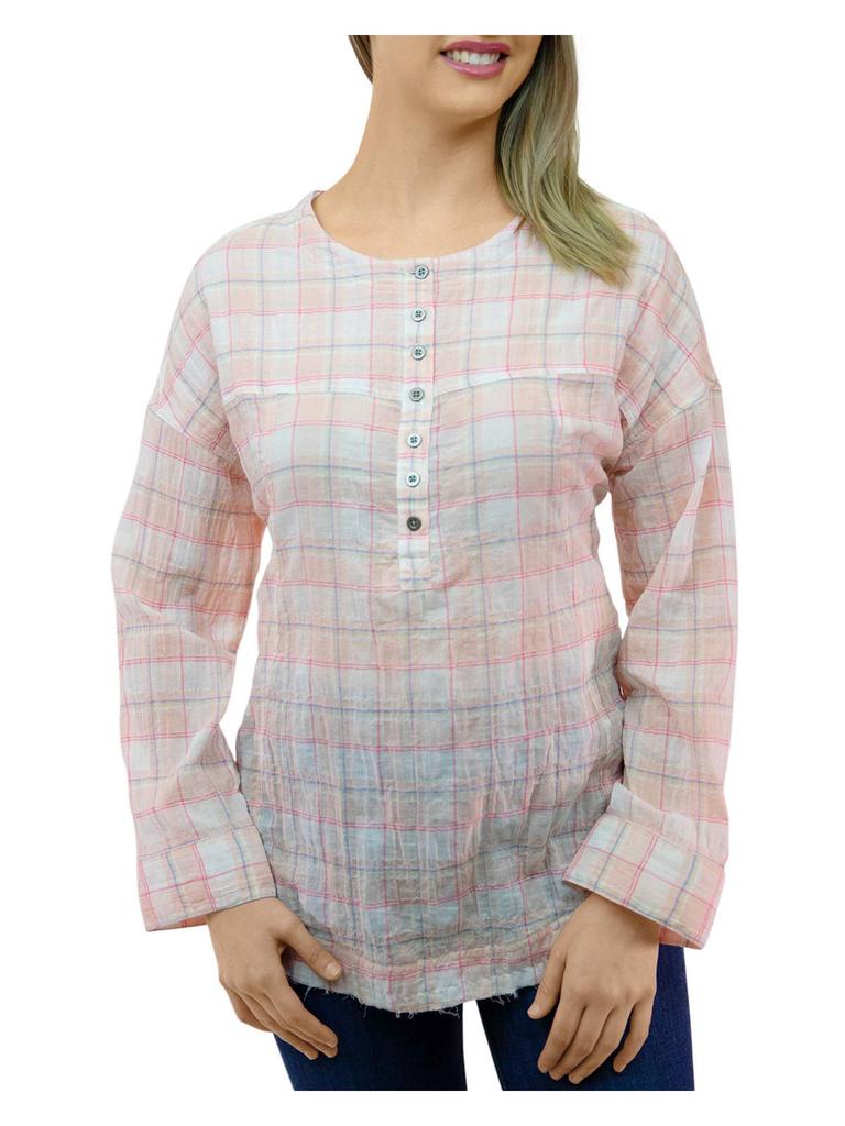 beachlunchlounge Mia Pucker Womens Plaid Round Neck Tunic Top