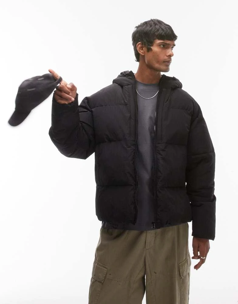 Topman Topman textured hooded puffer jacket in black 1