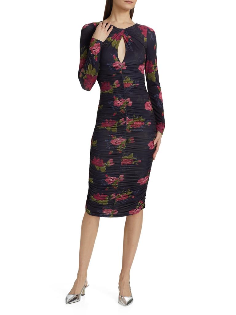 PRABAL GURUNG Floral Twist Neck Ruched Midi-Dress