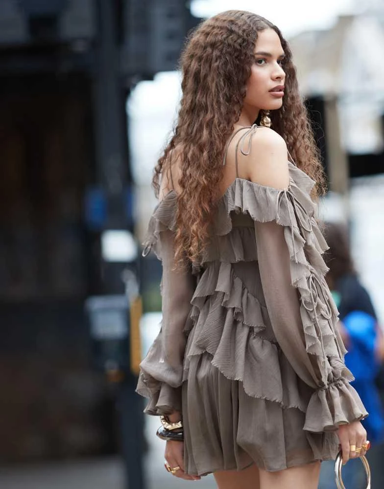 ASOS ASOS DESIGN ruffle off shoulder tiered mini dress in khaki 4