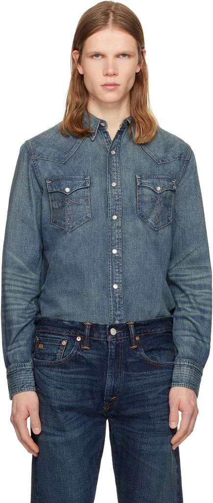 RRL Blue Slim Fit Denim Western Shirt