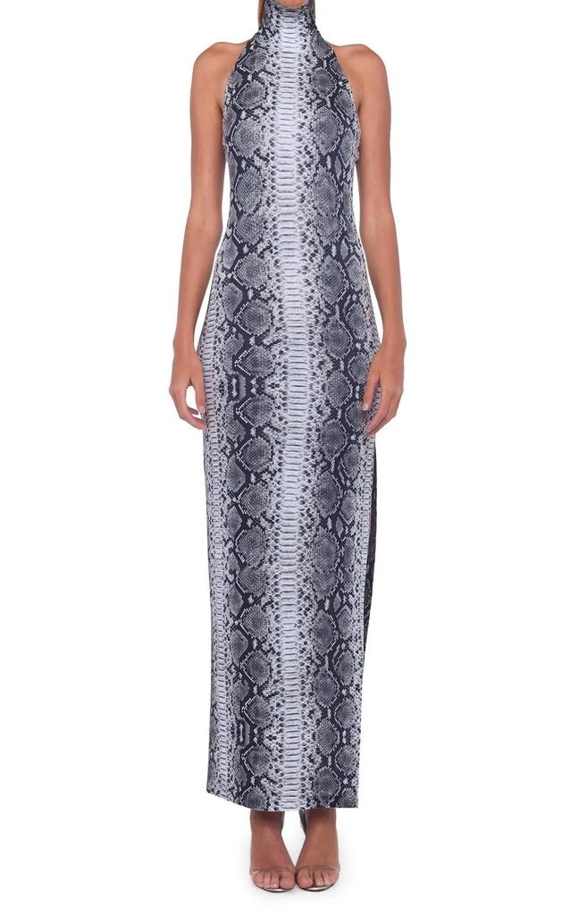 Norma Kamali Halter Turtle Side Slit Gown In Black/white Python 1