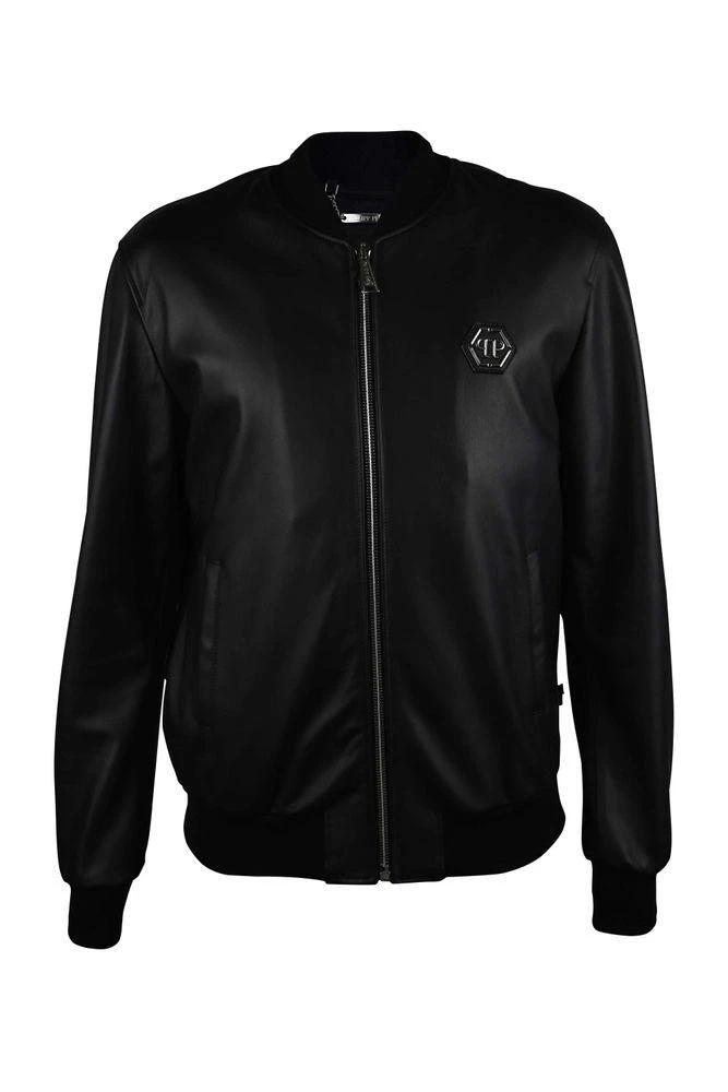 Philipp Plein Smooth Black Leather Bomber Jacket