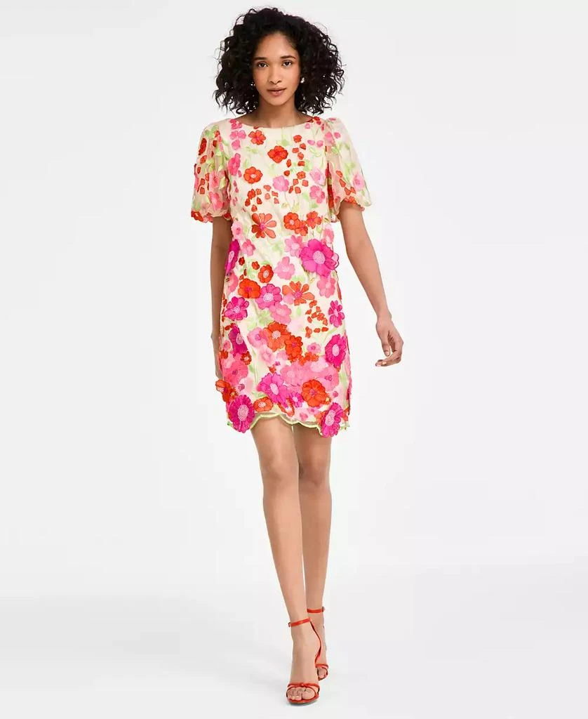 Women's Embroidered Floral Puff-sleeve Shift Mini Dress – On Sale