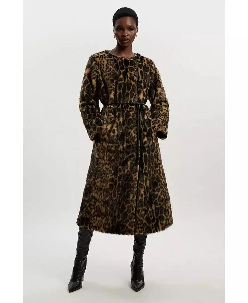 KAREN MILLEN Women
s Faux Fur Collarless Tie Belted Midi Coat