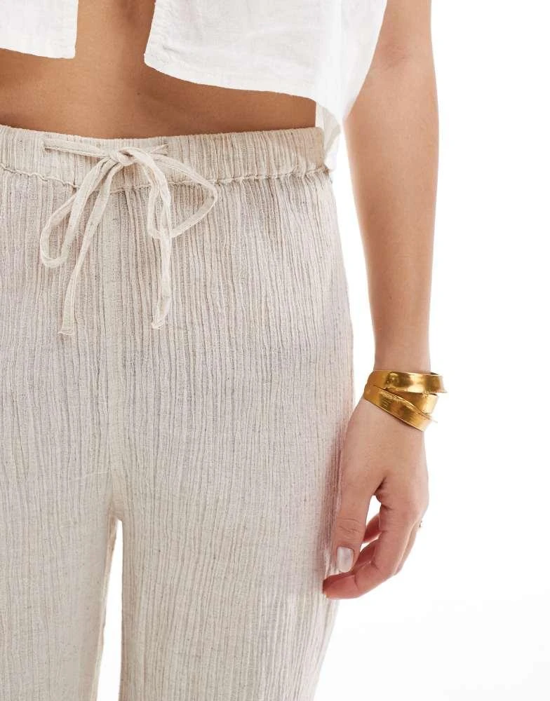 Pimkie Pimkie textured linen blend drawstring wide leg trousers in beige 4