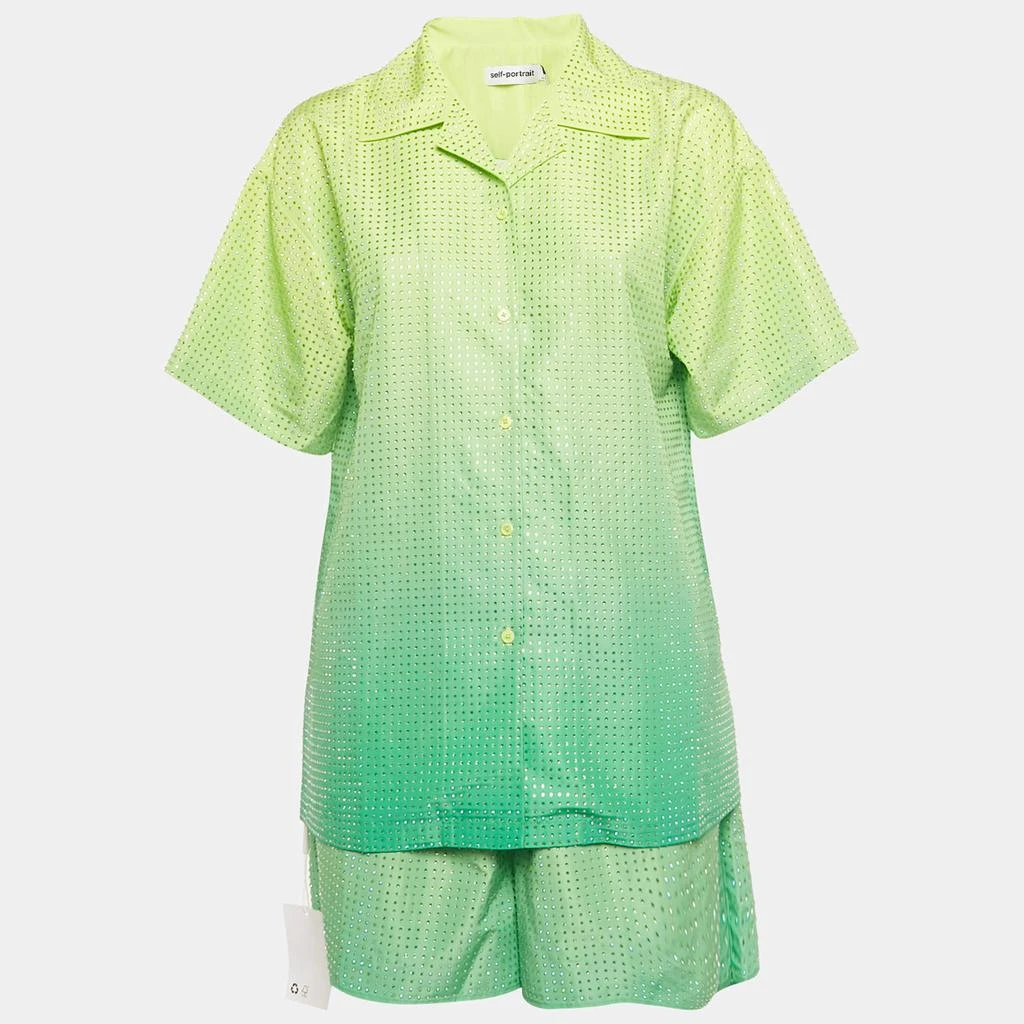 Self Portrait Self-Portrait Neon Green Rhinestone Embellished Taffeta Shirt &Shorts Set S/L